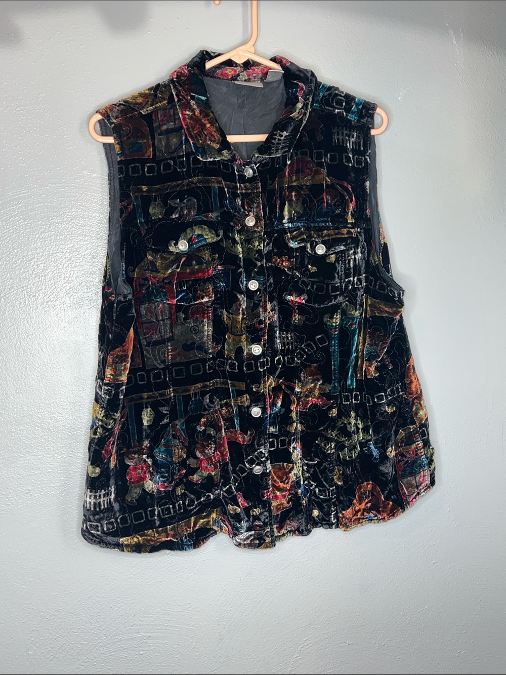 Vintage Chicos Velvet Button-Front Vest in Asian Print